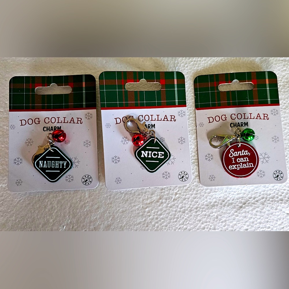 Dog Collar Charm Set - Holiday Naughty, Nice & Santa Designs (Green, Red)